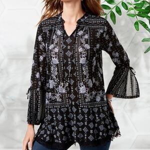 Style & Co Bohemian Floral Patterned Geo-Print Lace-Hem Peasant Top